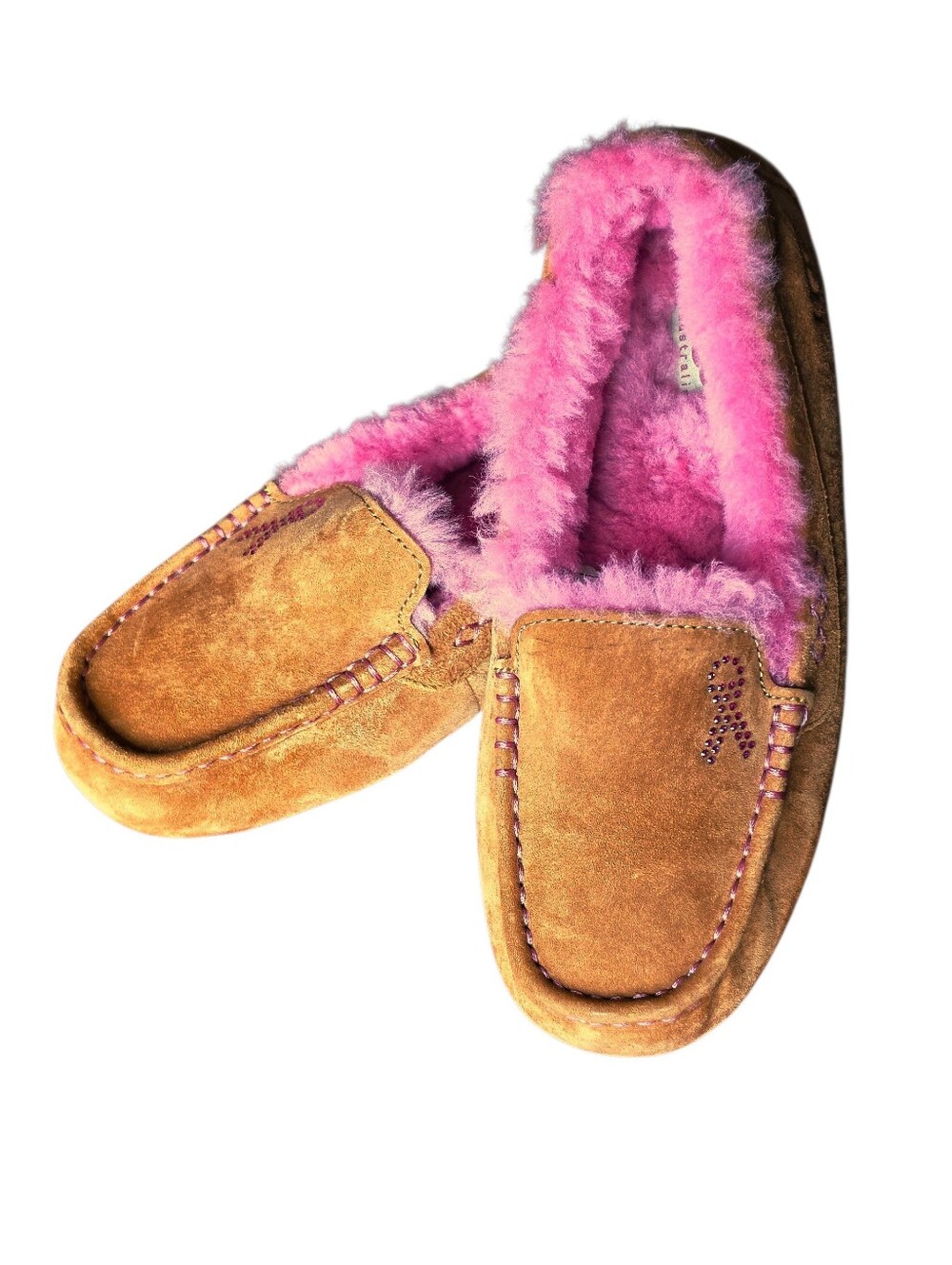 UGG Ansley Chestnut Suede Moccasin Slipper Pink Shearling Pink Ribbon 7 New